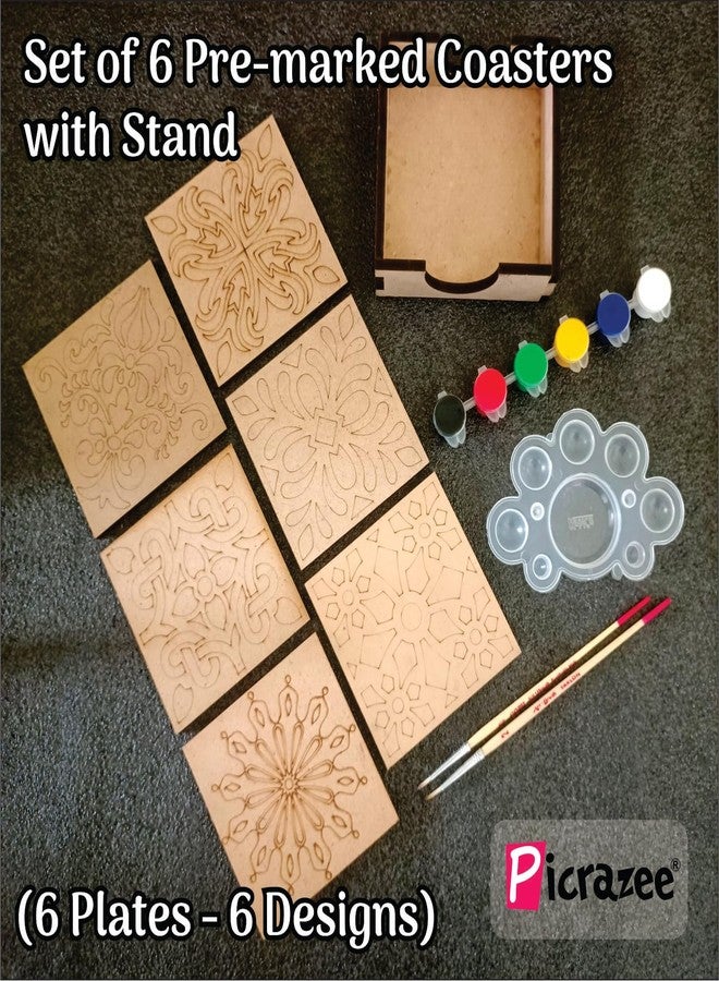 PICRAZEE مجموعة الرسم الخشبية للأطفال من PICRAZEE | مجموعة رسم مربعة الشكل مُجهزة مسبقًا من خشب MDF مع 6 ألوان وفرشتين ولوحة ألوان وحامل | مجموعة أنشطة الرسم والتلوين للمنزل وكهدية - Image 3